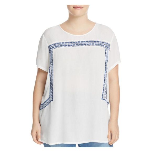 JUNAROSE Tops - JUNAROSE Womens White Embroidered Printed Short Sleeve Round Neck Blouse 14